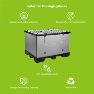 PP accessory swing box — open configuration showing hinged lid rotated back for one-handed part retrieval on assembly line workstation