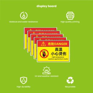 PP safety warning sign installation — factory wall-mounted yellow/black hazard caution sign with ISO 7010 pictogram for workplace accident prevention