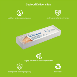PP corrugated seafood delivery box — clean white surface with branded print, showing ice-pack placement and professional unboxing presentation for direct-to-consumer seafood