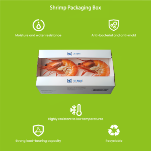PP corrugated shrimp packaging box — fresh shrimp displayed on crushed ice at seafood counter, showing retail-ready clean white PP surface