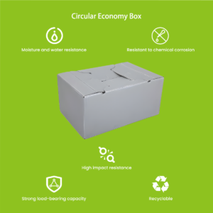 PP circular economy lifecycle diagram — manufacturing, multi-cycle reuse, take-back, grinding, re-extrusion into new PP sheet