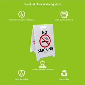 Rectangular fold-flat PP floor warning sign — folded flat storage profile, side view showing < 2 cm thickness
