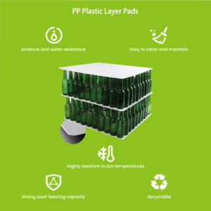 PP plastic layer pads stacked between beverage bottles on a pallet for safe transportation and storage