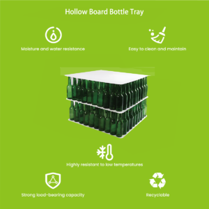 Corrugated bottle tray detail — custom die-cut bottle pockets on pallet