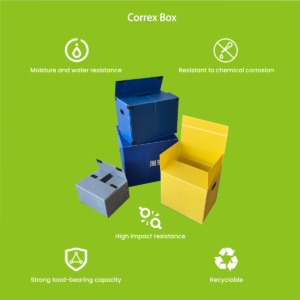 Stackable correx boxes made from PP corrugated sheet with custom printing