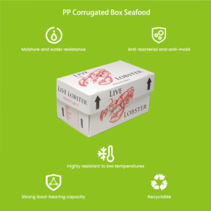 PP corrugated seafood box open view showing drain ports and twin-wall construction