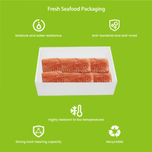PPBOXY fresh seafood packaging box cross-section showing waterproof twin-wall structure and ice-melt drain ports for chilled seafood logistics