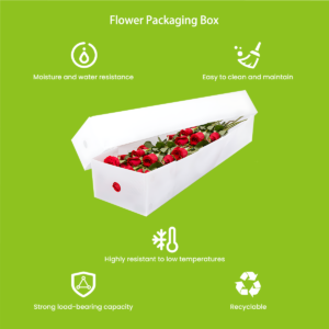 PPBOXY flower packaging box cross-section showing 4mm hollow board structure and calibrated ventilation