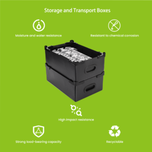 Stacked PP storage boxes in warehouse — with lids, label holders, and mesh inserts for logistics