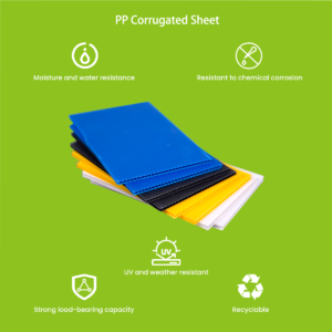 Corrugated plastic sheet stack in factory — ready for shipment, multiple colors available