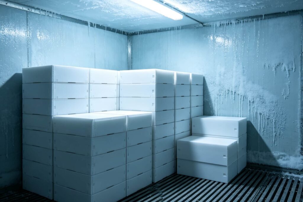 PP hollow board boxes stacked in cold storage warehouse