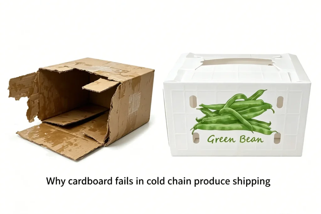 Water-damaged cardboard produce box beside an intact PP corrugated box after cold chain simulation