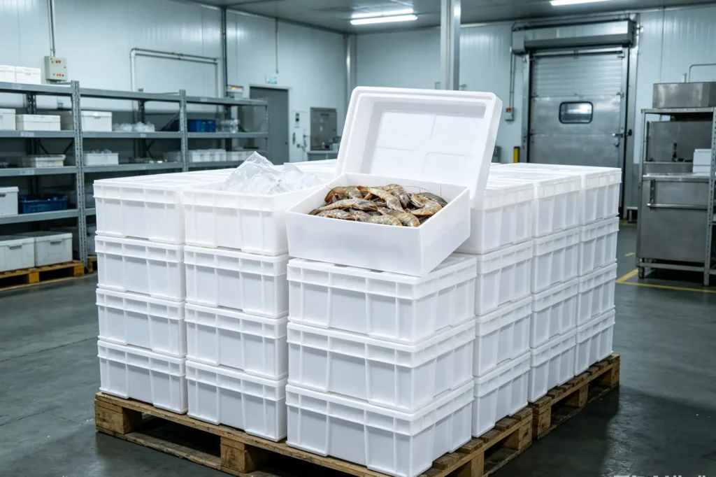Stacked PP corrugated seafood boxes with high load strength in cold storage