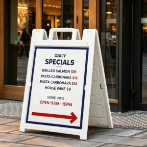Panneau sandwich en plastique ondulé PP blanc, en forme de A, pour restaurant, à installer sur le trottoir