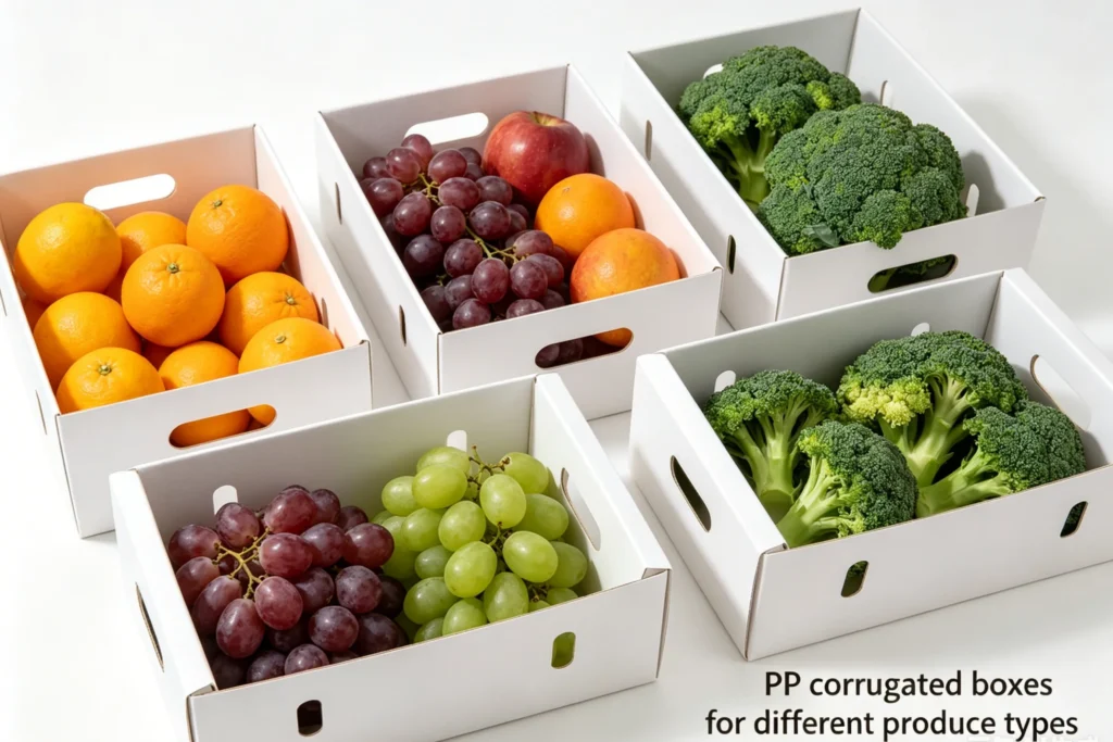 PP corrugated produce boxes packed with citrus, grapes, and broccoli