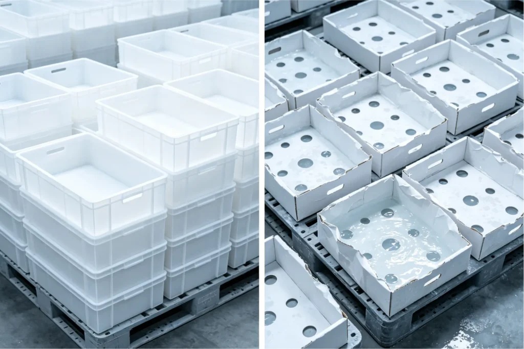 PP corrugated produce boxes stacked on a pallet beside water-damaged collapsed cardboard produce boxes in cold storage