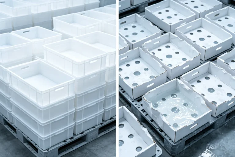 Cajas de PP corrugado para productos agrícolas apiladas en un palé junto a cajas de cartón para productos agrícolas derrumbadas y dañadas por el agua en la cámara frigorífica